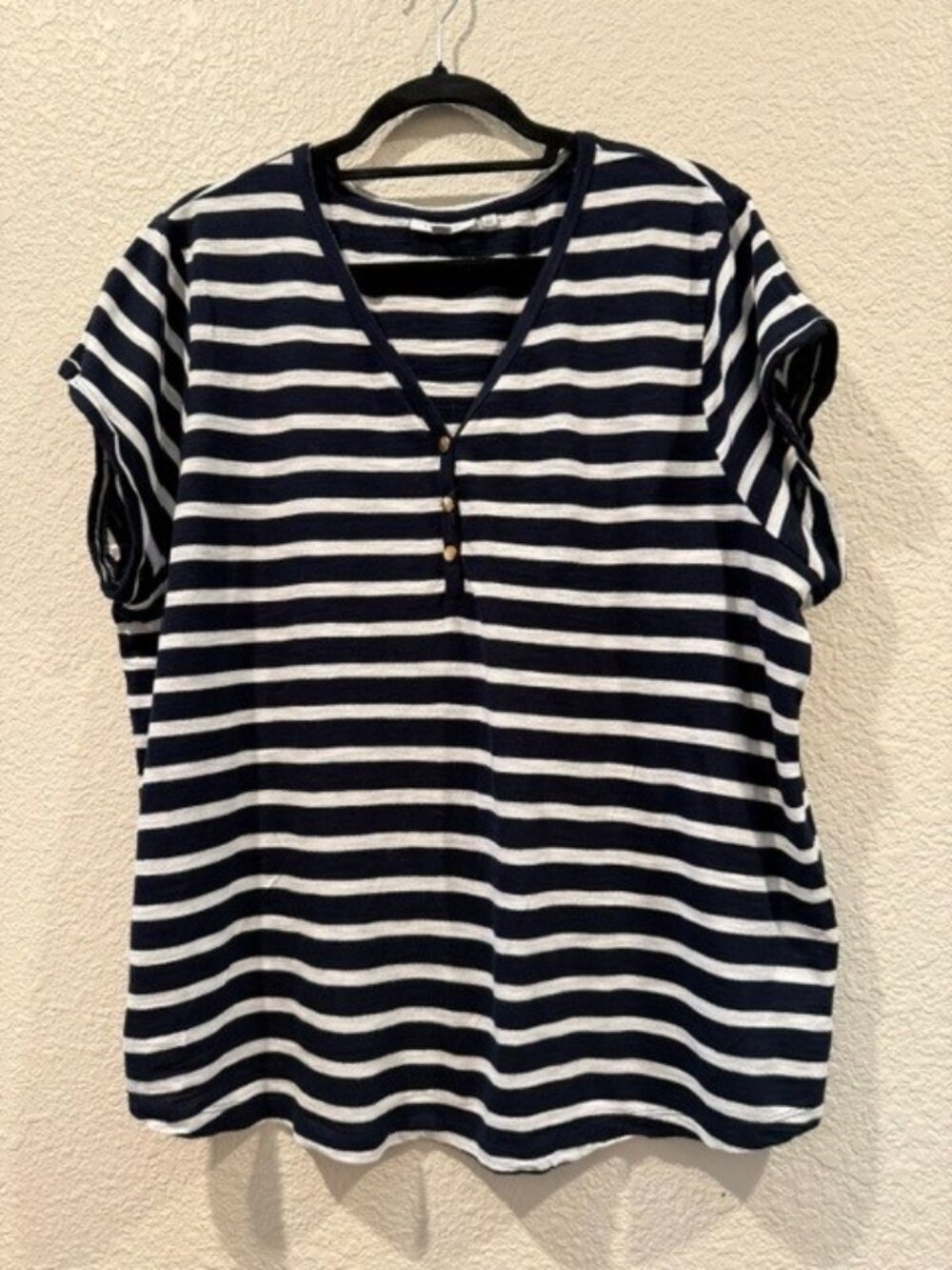 Chicos Blue/White Stripe Henley T with gold button accents Size 4